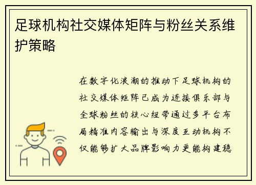足球机构社交媒体矩阵与粉丝关系维护策略
