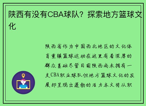 陕西有没有CBA球队？探索地方篮球文化